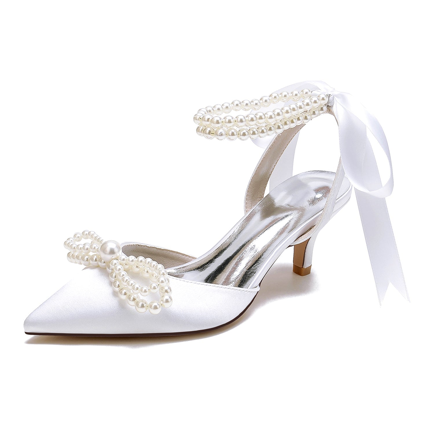 Chaussures de Mariage à Talons Aiguilles et Bout Fermé En Satin de Soie pour Femmes avec Bride à la Cheville et Perles