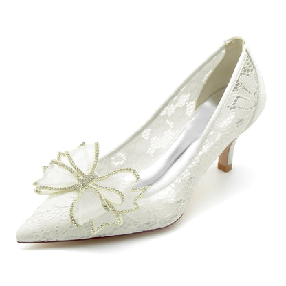 Chaussures de Mariage à Talon Aiguille et Bout Fermé En Dentelle avec Nœud Papillon pour Femmes