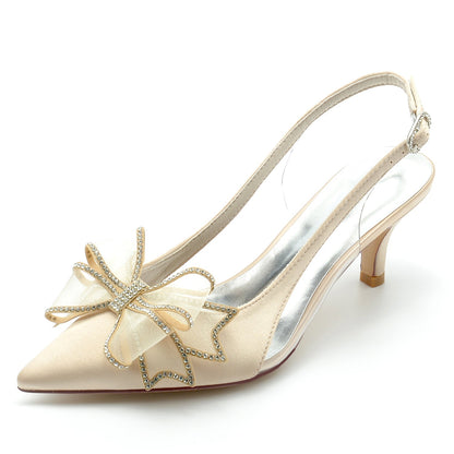 Chaussures de Soirée à Talon Aiguille et Bout Fermé En Satin de Soie pour Femmes avec Nœud Papillon