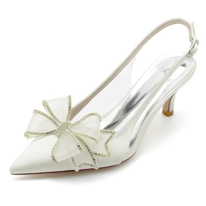 Chaussures de Soirée à Talon Aiguille et Bout Fermé En Satin de Soie pour Femmes avec Nœud Papillon
