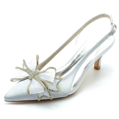 Chaussures de Soirée à Talon Aiguille et Bout Fermé En Satin de Soie pour Femmes avec Nœud Papillon
