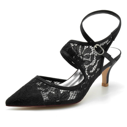 Chaussures de Mariage à Talon Aiguille et Bout Fermé En Dentelle avec Bride à la Cheville pour Femmes