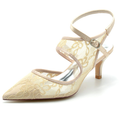 Chaussures de Mariage à Talon Aiguille et Bout Fermé En Dentelle avec Bride à la Cheville pour Femmes
