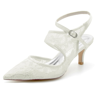 Chaussures de Mariage à Talon Aiguille et Bout Fermé En Dentelle avec Bride à la Cheville pour Femmes