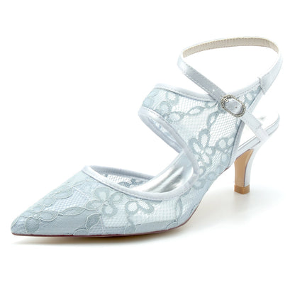 Chaussures de Mariage à Talon Aiguille et Bout Fermé En Dentelle avec Bride à la Cheville pour Femmes