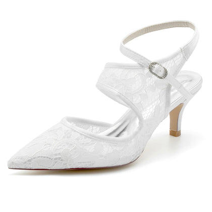 Chaussures de Mariage à Talon Aiguille et Bout Fermé En Dentelle avec Bride à la Cheville pour Femmes