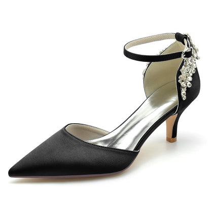 Chaussures de Mariage à Talon Aiguille et Bout Fermé En Satin de Soie et Strass pour Femmes