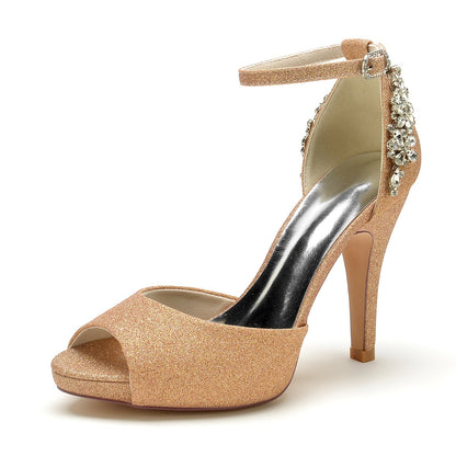 Chaussures de Soirée à Talons Aiguilles et Bout Ouvert En Strass pour Femmes avec Bride à la Cheville