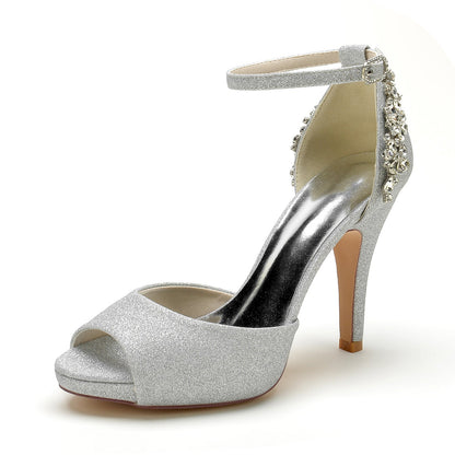 Chaussures de Soirée à Talons Aiguilles et Bout Ouvert En Strass pour Femmes avec Bride à la Cheville