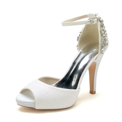 Chaussures de Soirée à Talons Aiguilles et Bout Ouvert En Strass pour Femmes avec Bride à la Cheville
