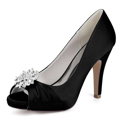 Chaussures de Soirée à Bout Ouvert et Strass Pour Femme, en Satin de Soie et Talon Aiguille