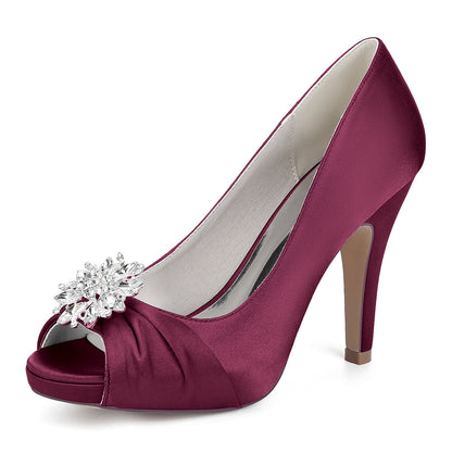 Chaussures de Soirée à Bout Ouvert et Strass Pour Femme, en Satin de Soie et Talon Aiguille