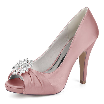 Chaussures de Soirée à Bout Ouvert et Strass Pour Femme, en Satin de Soie et Talon Aiguille