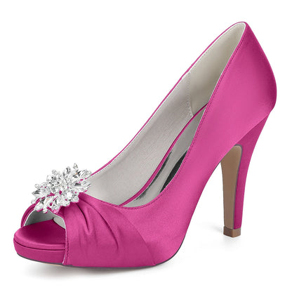 Chaussures de Soirée à Bout Ouvert et Strass Pour Femme, en Satin de Soie et Talon Aiguille
