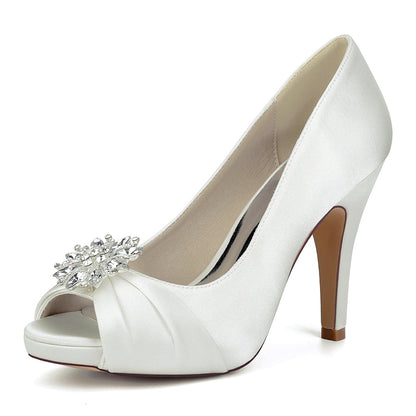 Chaussures de Soirée à Bout Ouvert et Strass Pour Femme, en Satin de Soie et Talon Aiguille