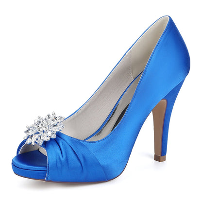Chaussures de Soirée à Bout Ouvert et Strass Pour Femme, en Satin de Soie et Talon Aiguille