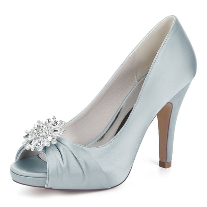 Chaussures de Soirée à Bout Ouvert et Strass Pour Femme, en Satin de Soie et Talon Aiguille