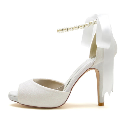 Chaussures de Mariage à Talons Aiguilles et Bout Ouvert à Lacets avec Bride à la Cheville pour Femmes