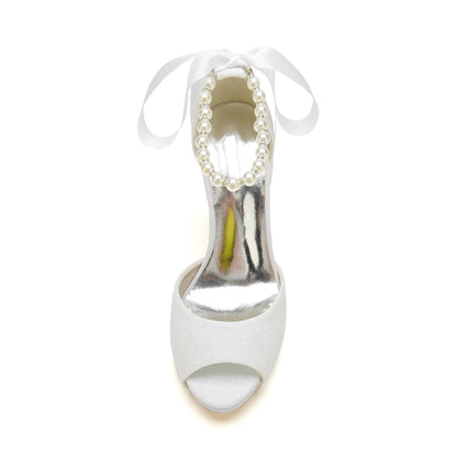 Chaussures de Mariage à Talons Aiguilles et Bout Ouvert à Lacets avec Bride à la Cheville pour Femmes