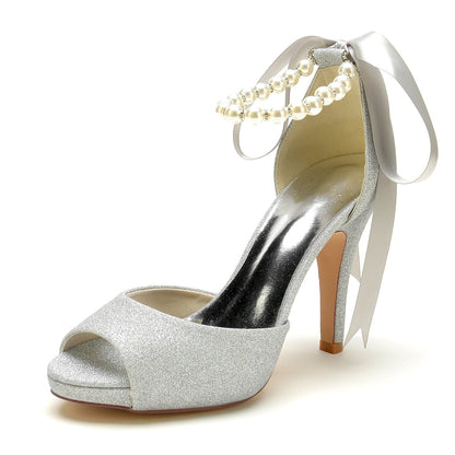 Chaussures de Mariage à Talons Aiguilles et Bout Ouvert à Lacets avec Bride à la Cheville pour Femmes
