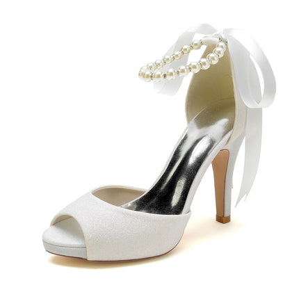 Chaussures de Mariage à Talons Aiguilles et Bout Ouvert à Lacets avec Bride à la Cheville pour Femmes