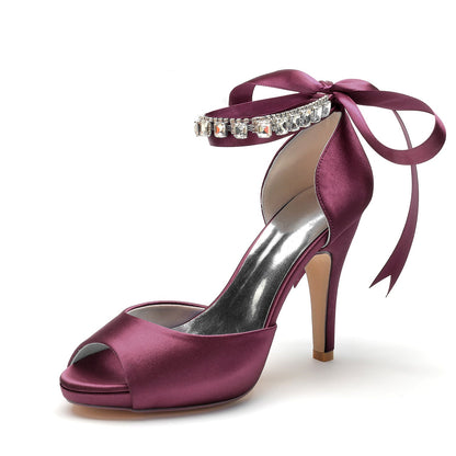 Chaussures de Soirée à Talon Aiguille et Bout Ouvert En Satin de Soie pour Femmes avec Bride à la Cheville et Lacets En Strass