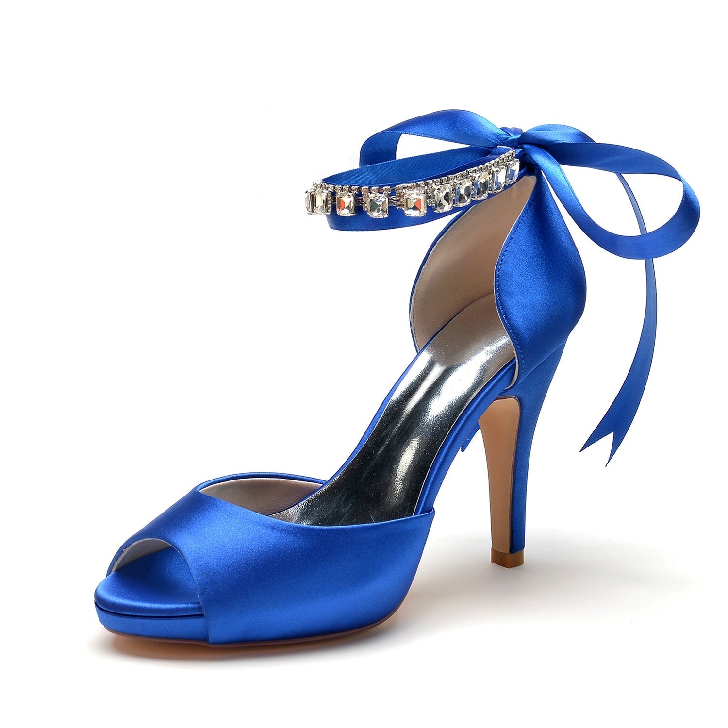 Chaussures de Soirée à Talon Aiguille et Bout Ouvert En Satin de Soie pour Femmes avec Bride à la Cheville et Lacets En Strass