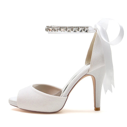 Chaussures de Mariage à Talons Aiguilles et Bout Ouvert à Paillettes pour Femmes avec Bride à la Cheville et Lacets En Strass