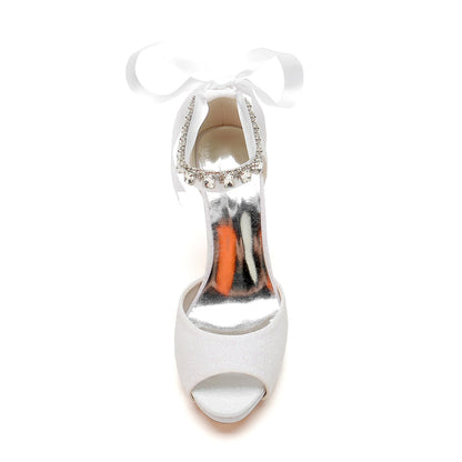 Chaussures de Mariage à Talons Aiguilles et Bout Ouvert à Paillettes pour Femmes avec Bride à la Cheville et Lacets En Strass