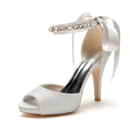 Chaussures de Mariage à Talons Aiguilles et Bout Ouvert à Paillettes pour Femmes avec Bride à la Cheville et Lacets En Strass