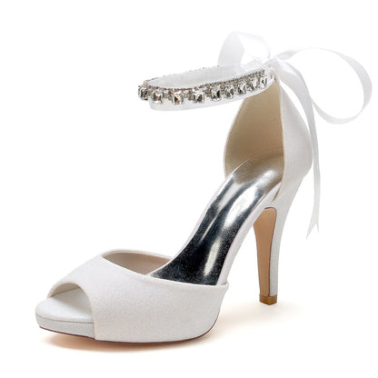 Chaussures de Mariage à Talons Aiguilles et Bout Ouvert à Paillettes pour Femmes avec Bride à la Cheville et Lacets En Strass