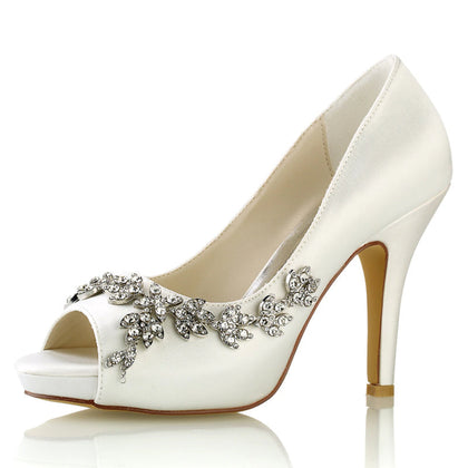Chaussures de Mariage à Talon Aiguille et Bout Ouvert En Satin de Soie pour Femmes avec Strass et Fleurs