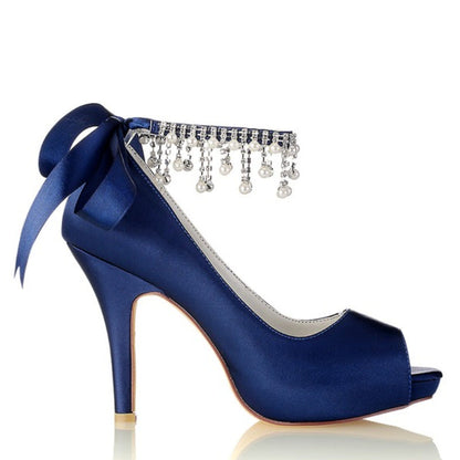 Chaussures de Mariage à Talon Aiguille et Bout Ouvert En Satin de Soie pour Femmes avec Bride à la Cheville et Strass