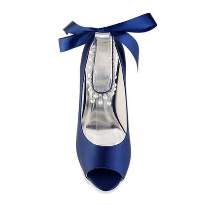 Chaussures de Mariage à Talon Aiguille et Bout Ouvert En Satin de Soie pour Femmes avec Bride à la Cheville et Strass