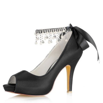 Chaussures de Mariage à Talon Aiguille et Bout Ouvert En Satin de Soie pour Femmes avec Bride à la Cheville et Strass