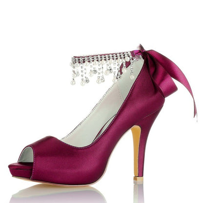 Chaussures de Mariage à Talon Aiguille et Bout Ouvert En Satin de Soie pour Femmes avec Bride à la Cheville et Strass