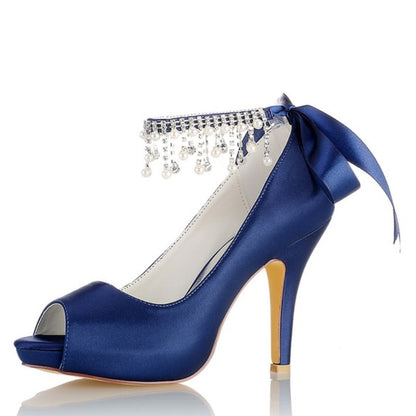 Chaussures de Mariage à Talon Aiguille et Bout Ouvert En Satin de Soie pour Femmes avec Bride à la Cheville et Strass