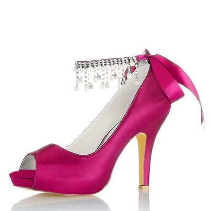 Chaussures de Mariage à Talon Aiguille et Bout Ouvert En Satin de Soie pour Femmes avec Bride à la Cheville et Strass