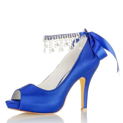 Chaussures de Mariage à Talon Aiguille et Bout Ouvert En Satin de Soie pour Femmes avec Bride à la Cheville et Strass