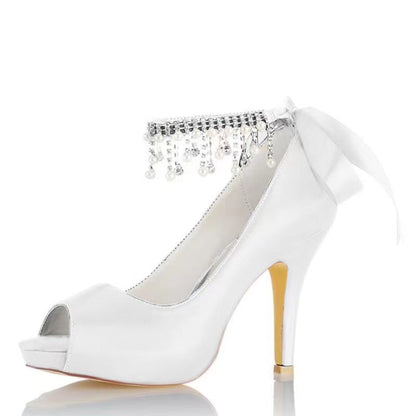 Chaussures de Mariage à Talon Aiguille et Bout Ouvert En Satin de Soie pour Femmes avec Bride à la Cheville et Strass
