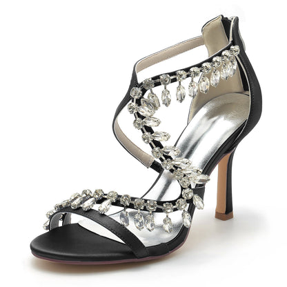 Chaussures de Mariage à Talon Aiguille et Bout Ouvert En Satin de Soie pour Femmes avec Bride à la Cheville et Pompon En Strass
