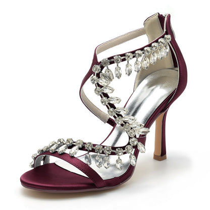 Chaussures de Mariage à Talon Aiguille et Bout Ouvert En Satin de Soie pour Femmes avec Bride à la Cheville et Pompon En Strass