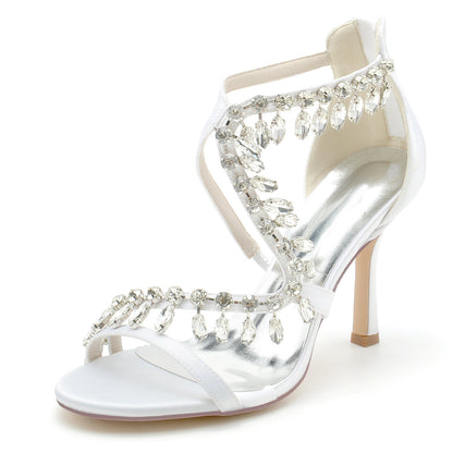 Chaussures de Mariage à Talon Aiguille et Bout Ouvert En Satin de Soie pour Femmes avec Bride à la Cheville et Pompon En Strass