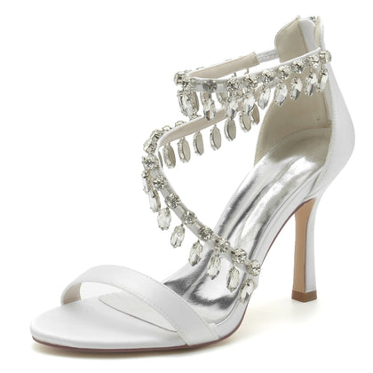 Chaussures de Soirée à Talon Aiguille et Bout Ouvert En Satin de Soie pour Femmes avec Bride à la Cheville et Pompon En Strass