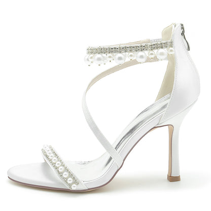 Chaussures de Soirée à Talon Aiguille et Bout Ouvert En Satin de Soie pour Femmes avec Bride à la Cheville et Perles et Strass