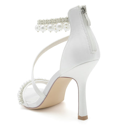 Chaussures de Soirée à Talon Aiguille et Bout Ouvert En Satin de Soie pour Femmes avec Bride à la Cheville et Perles et Strass