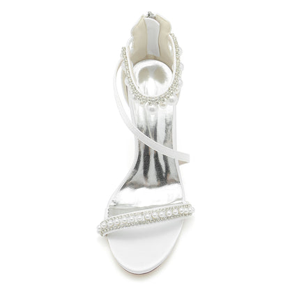 Chaussures de Soirée à Talon Aiguille et Bout Ouvert En Satin de Soie pour Femmes avec Bride à la Cheville et Perles et Strass