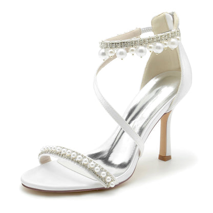 Chaussures de Soirée à Talon Aiguille et Bout Ouvert En Satin de Soie pour Femmes avec Bride à la Cheville et Perles et Strass