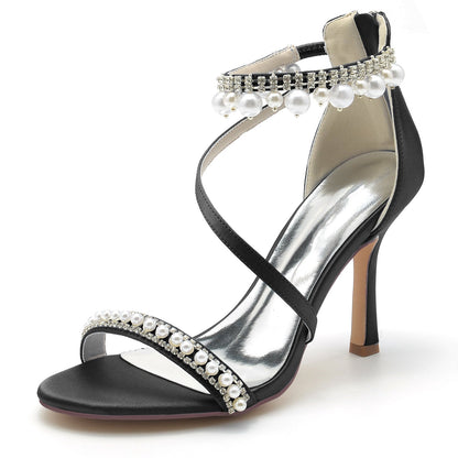 Chaussures de Soirée à Talon Aiguille et Bout Ouvert En Satin de Soie pour Femmes avec Bride à la Cheville et Perles et Strass