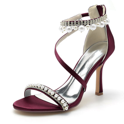 Chaussures de Soirée à Talon Aiguille et Bout Ouvert En Satin de Soie pour Femmes avec Bride à la Cheville et Perles et Strass